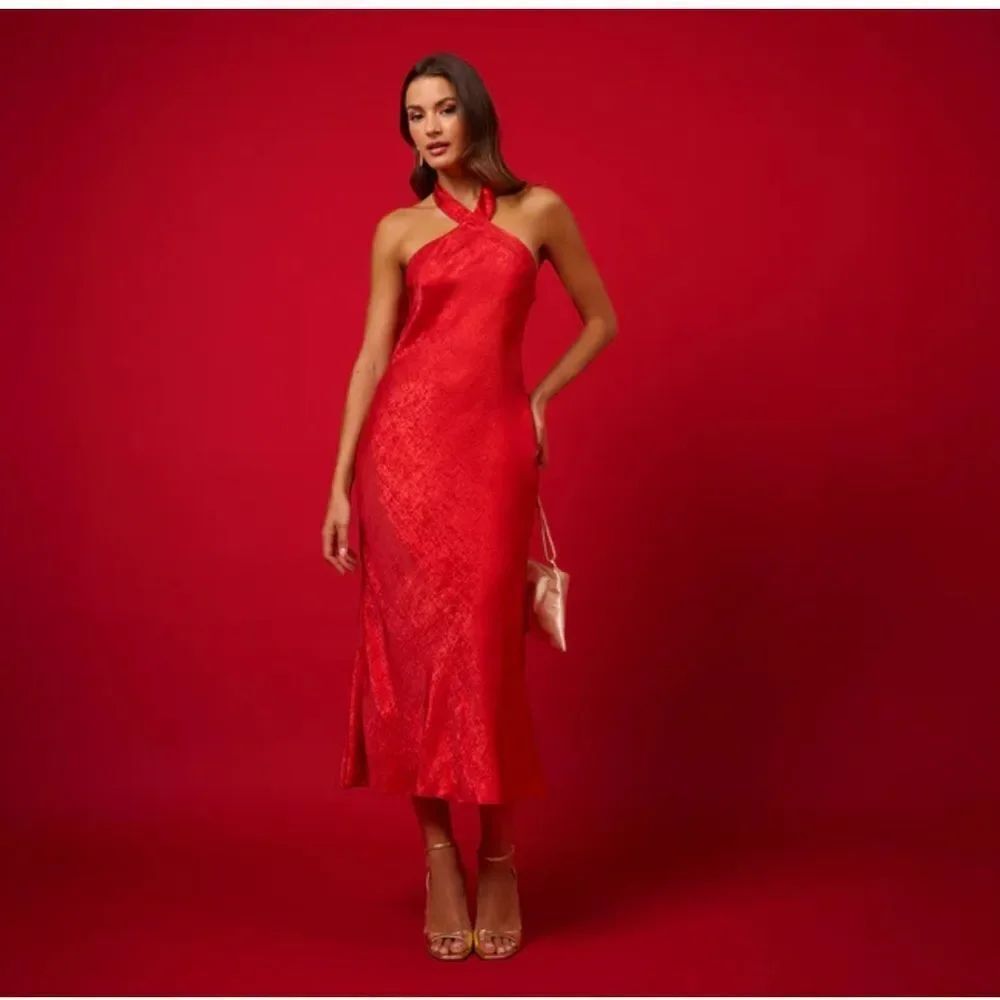 Adrianna Papell Cocktail 10 RedâMetallic Satin Midi Halter NWT $245